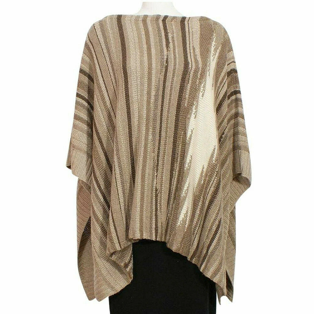 RALPH LAUREN Taupe Wool Blend Southwestern Variegated Stripe Poncho Sweater S/M