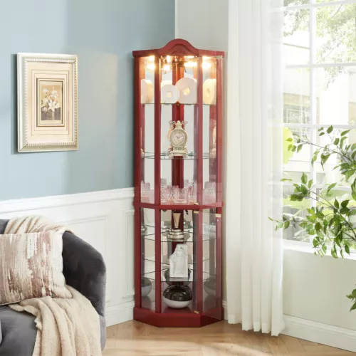 Lighted Curio Cabinet Corner Display Cabinet w/ Adjustable Glass Shelves - Picture 31 of 40