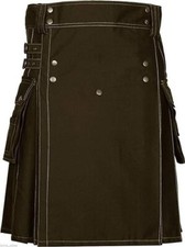 Men's Scottish Brown Cotton Cargo Pockets Utility Kilt Sizes 28" to 62"