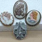 x4 ANTIQUE NICE VINTAGE LOT MOLDED MILK GLASS BRASS FRAME CAMEO PIN BROOCHES