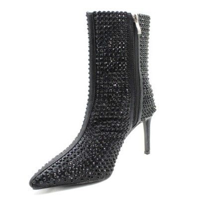 Womens PU Leather Pointed Toe Rhinestone Decor High Heels Side Zip Ankle Boots