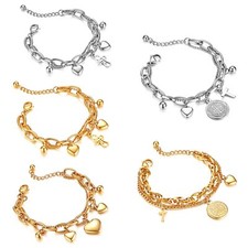 Stainless Steel Heart Charm Chain Link Bracelet Adjustable for Women Girls
