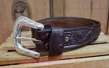 Nocona Belt Co. Brown Genuine Leather Tooled Belt N2438902 Silver Buckle Size 36