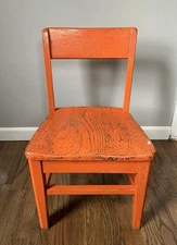 Vtg. Farmhouse Solid Wood Kids School Chair Plant Stand Distressed Orange Paint