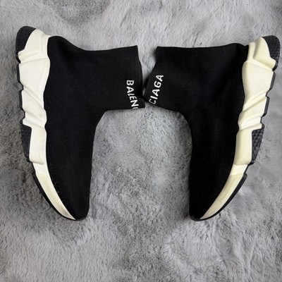 Balenciaga Speed Trainer Black/White Knit Mid Top Slip-On Logo Sneakers SZ 44/11