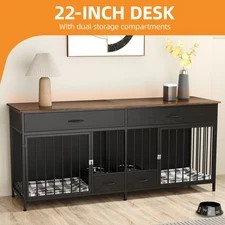 Double Dog Crate Furniture with Feeder 74.8" Indoor Dog Kennel for Large Breed