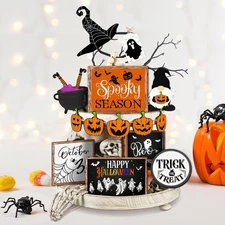 14 Pcs Halloween Tiered Tray Decor Set Cute Wooden Signs Black 