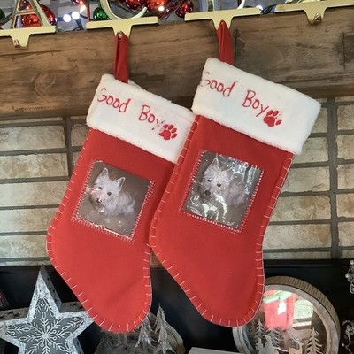 2 Christmas Stocking Good Boy Kitty Cat Puppy Dog Paw Pet White Red Fleece