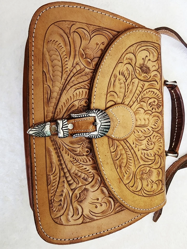 Bandolera boho vintage de cuero tostada floral occidental suroeste Foto 2 de 4