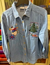 Vtg Bobbie Brooks Denim Button Up Shirt Snowman Tree Appliqué Christmas Medium