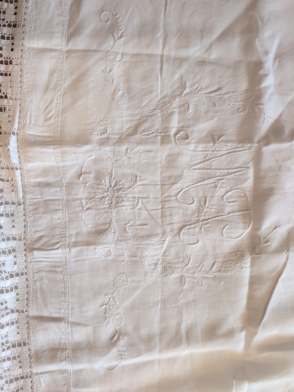Large Antique Fine Linen Wedding Sheet Embroidered MT, Cotton Lace 119"x90"