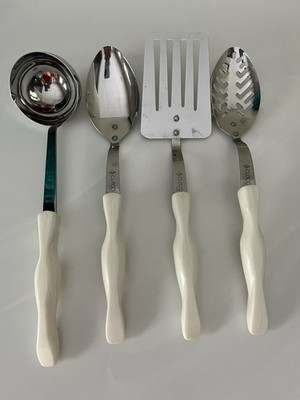 Cutco Utensils Serving Stainless Steel White Handle Spoons Spatula Lot Set Ladle