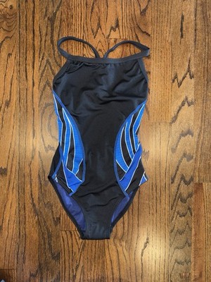 Girl's size 8 One Piece Thin Straps Swimsuit blue black side wings by Adoretex