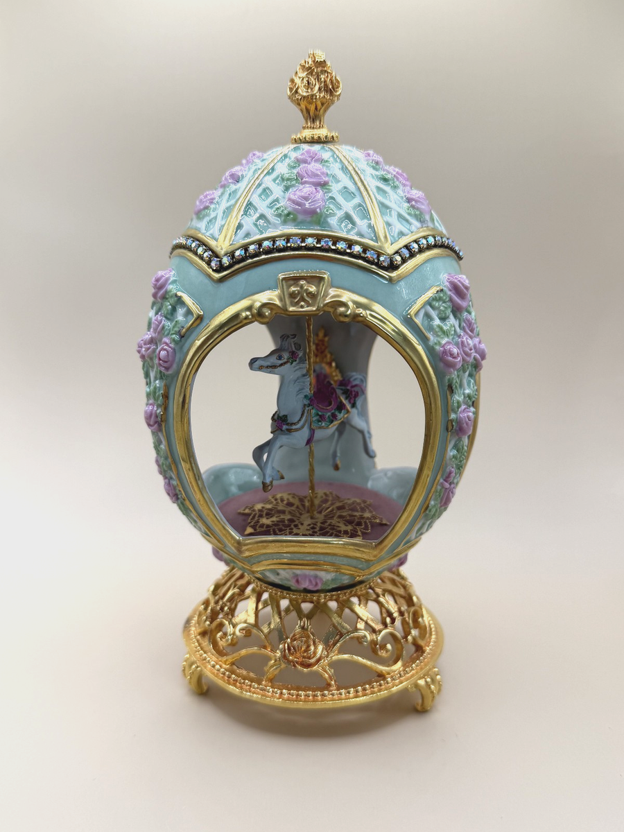 FRANKLIN MINT FABERGE MUSICAL CAROUSEL HORSE EGG FIGURINE ROSE