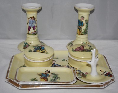 Vintage Porzellan - komplettes 7-teiliges Schminktisch Set - chinesische figürliche Szenen