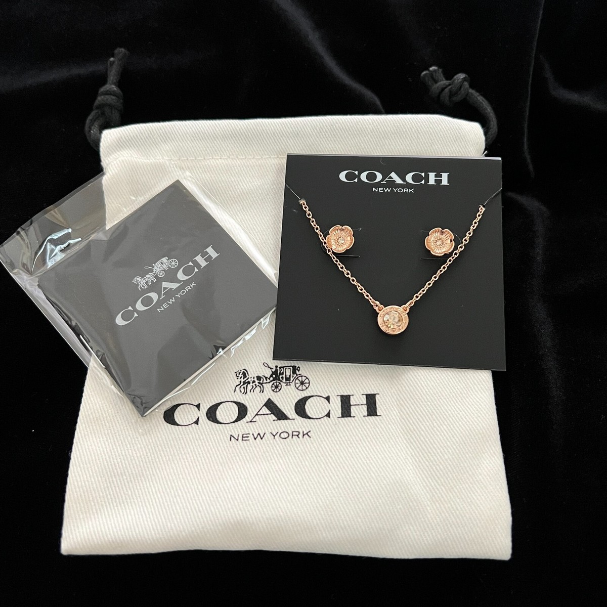 Coach Open Circle Necklace and Tea Rose Stud Earring Set NEW Rose Gold