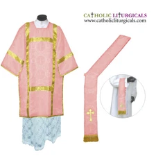 New ROSE Dalmatic Vestment with Deacon's stole & maniple, Roman Dalmatic