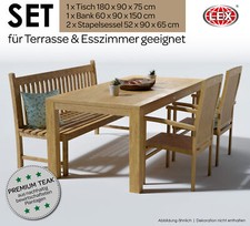 Teak Gartensitzgruppe Tisch 180 cm Teakholz 2xSessel Bank Esszimmer Gartenmöbel