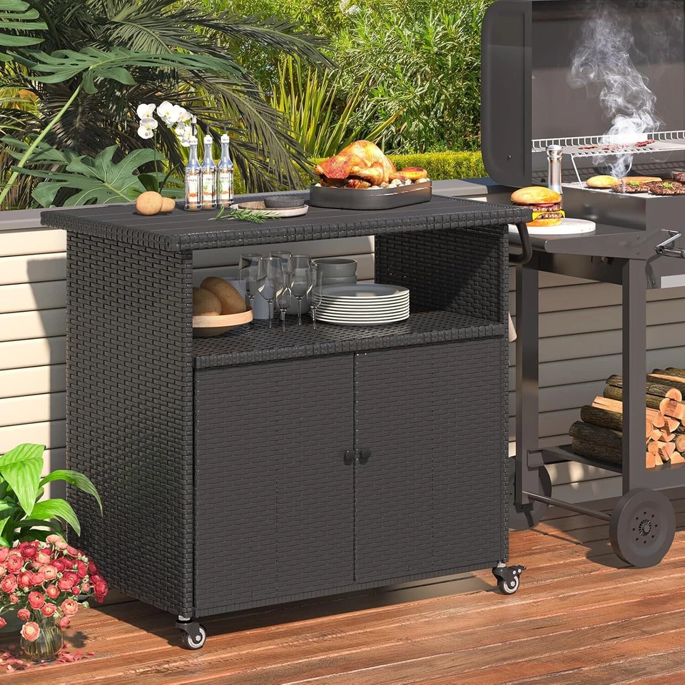Carro de bar exterior con ruedas mesa de bar de patio de ratán con gabinete de almacenamiento buffets Foto 2 de 4