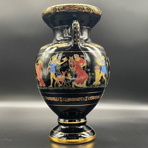 Vintage 9" Adis Black Greek Hand painted Vase Urn 24K Gold detail W/Handles. - Picture 4 of 12