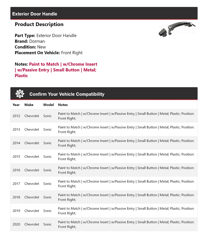 Manija de puerta exterior delantera derecha para Chevrolet Sonic Dorman 2012-2020 2013 2014 Foto 2 de 4