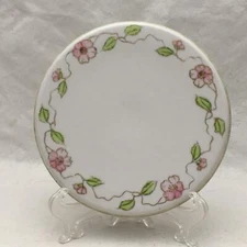 Antique Porcelain Tea Tile Trivet Hand Painted Nippon Pink Floral Vines w Leaves