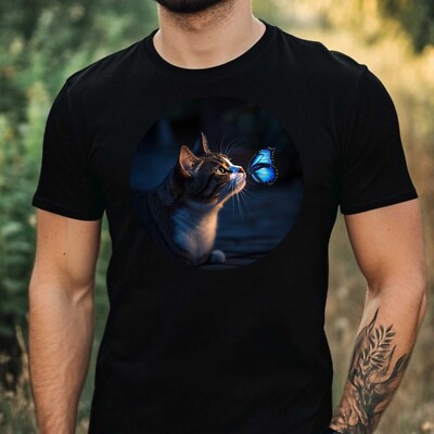 Mens Cat Butterfly Print Cotton T-Shirt Size XS to 5XL