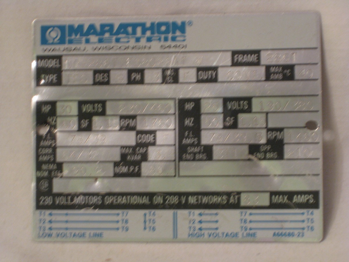 Marathon Electric motors info card metal data plate ID tag