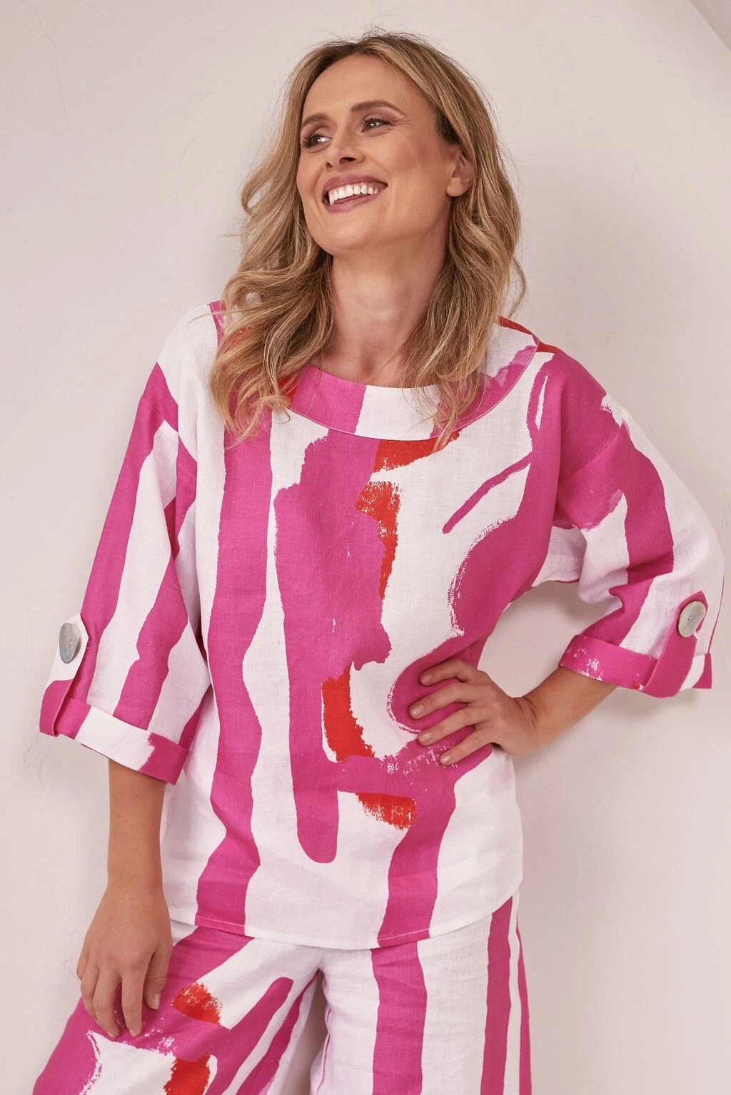 See Saw SS80 Pink/Orange Print Button Detail Linen Top Original Price £118.00