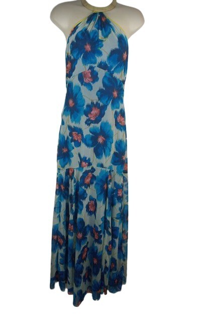 max and cleo maxi dress Max and Cleo Womens Maxi Halter Dress Blue Floral Ruffle Tiered Chiffon 2