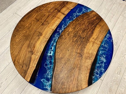 Custom Order Diameter Round Walnut Wood Blue Clear Epoxy Dining Table- Round Epo - Picture 7 of 15