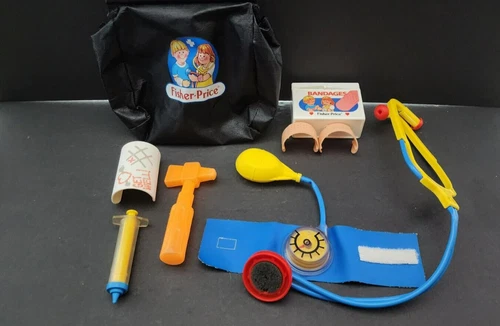 Vtg 1980s Fisher-Price 8pc set Doctor/Nurse's Bag, Great Condition