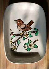 Vintage QMD KOREA Mid Century Modern Bird Flowers Plate Trinket Dish 5x7 Kitch