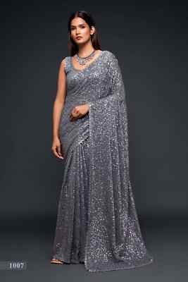 Pretty Georgette Thread And Multiple Sequence Embroidery Work Saree For Women
