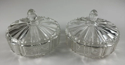 Anchor Hocking Spiderweb Bottom Clear Glass Dish With Lid 6.5" Vintage Set of 2