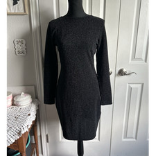 H&M shimmer open back long sleeve mini little black dress M