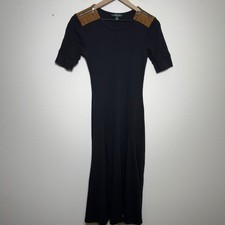 Lauren Ralph Lauren Women Black Ribbed Midi Dress Suede Equestrian Preppy Swing