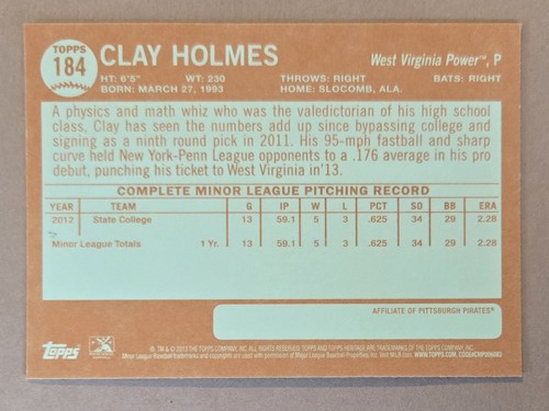 Clay Holmes 2013 Topps Heritage Minor League Prospect Card #184 - Picture 2 of 2