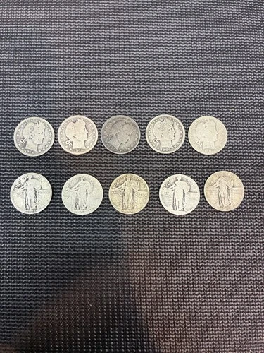 90% Silver - Barber & Standing Liberty 25c Coin Lot - 10 Coins