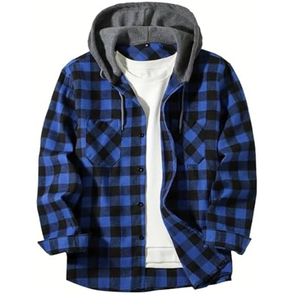 Men's Quilted Flannel Shirt Jacket - Hooded Thermal Plaid Bu