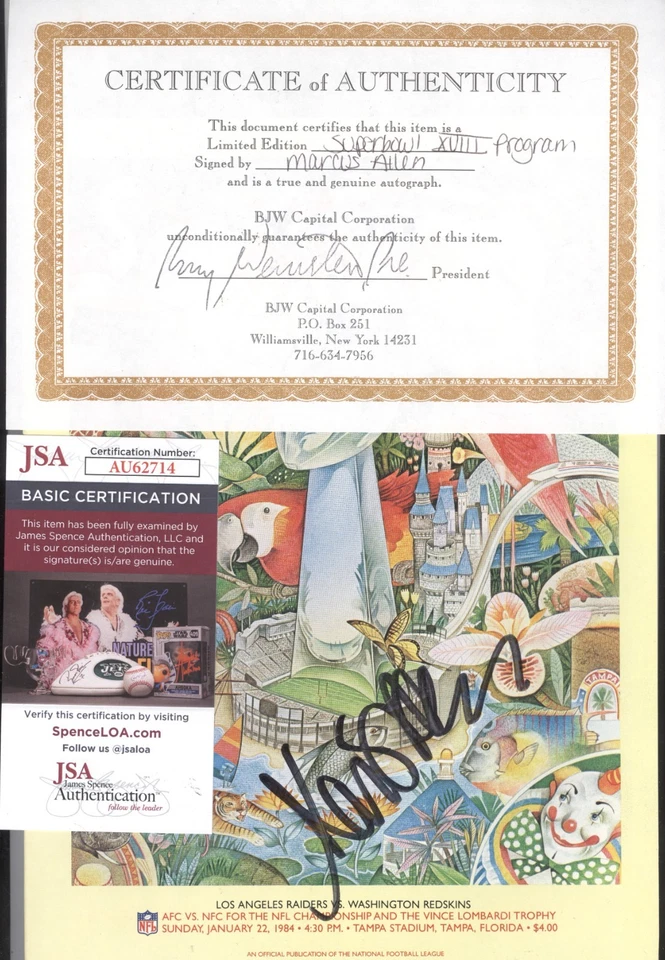 Programa del Super Bowl XVIII 1984 autografiado por Marcus Allen Raiders/Redskins (JSA) Foto 3 de 3