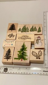 Lot Of Stamps 9 Pine Christmas trees wood rubber stamps Winter Snow Man