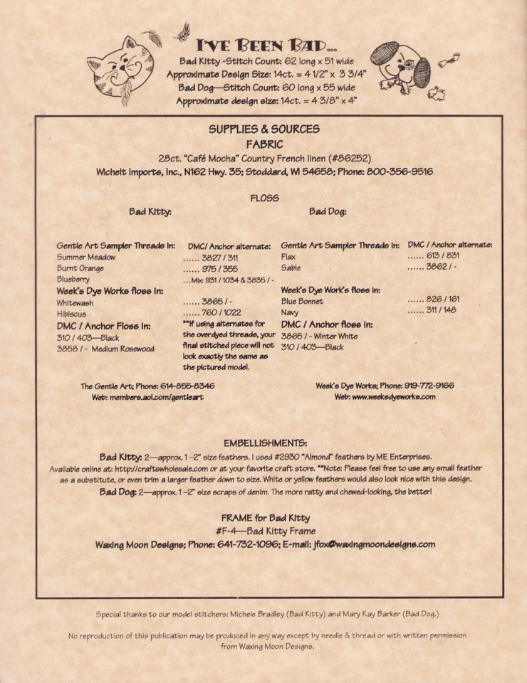 Cross Stitch Waxing Moon Dog Cat I've Been Bad Vintage Pattern - Image 3 of 3