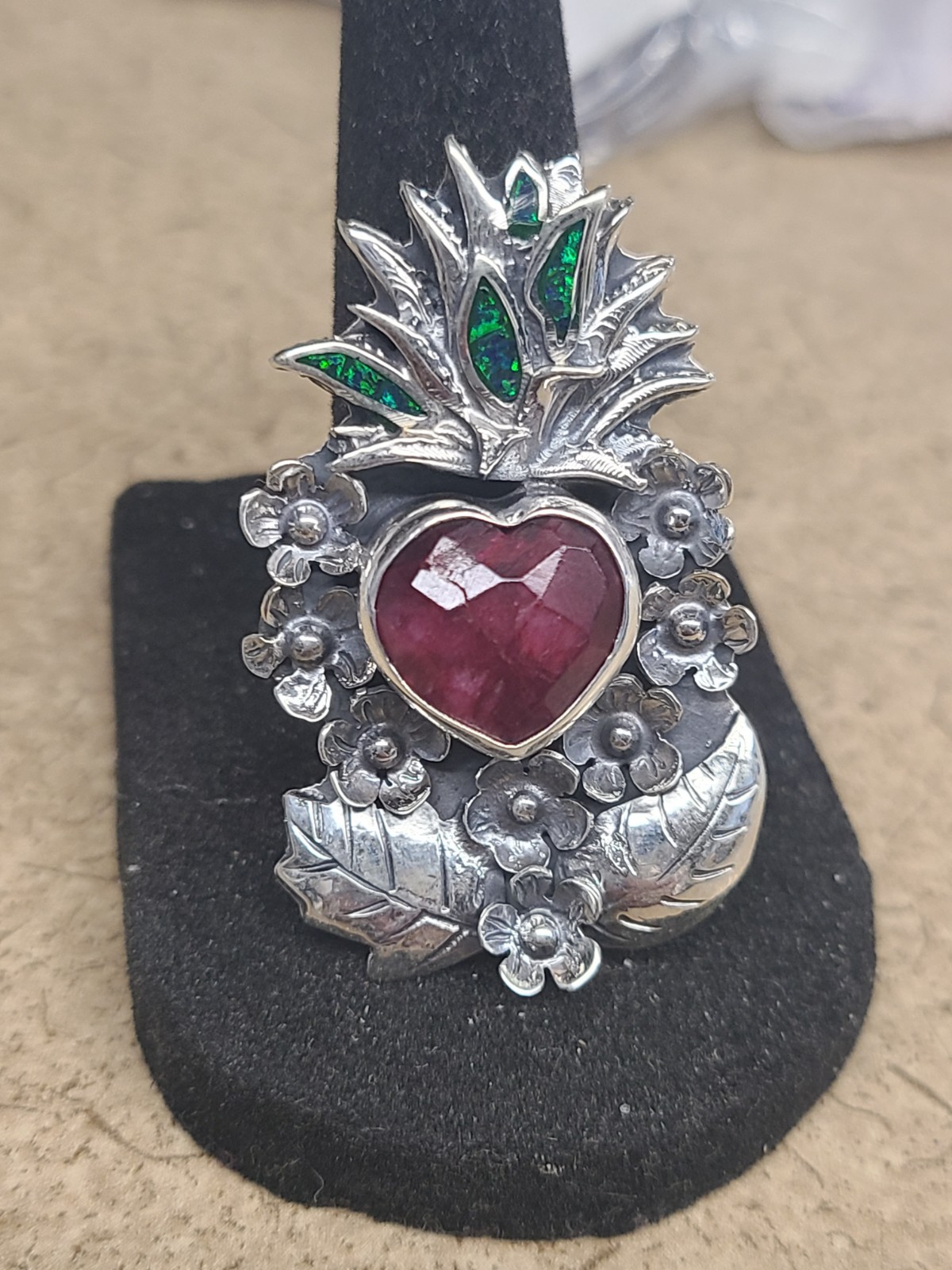 925 Ruby Red Heart Adjustable Ring - image 1