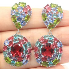 Colorful  Big Size Tanzanite Garnet Aquamarine Peridot Women Silver Earrings