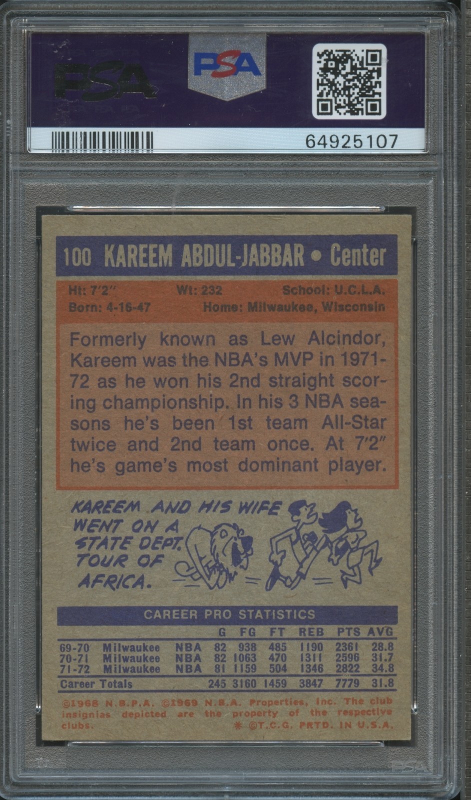 1972 Topps #100 Kareem Abdul-Jabbar PSA 6 view 2