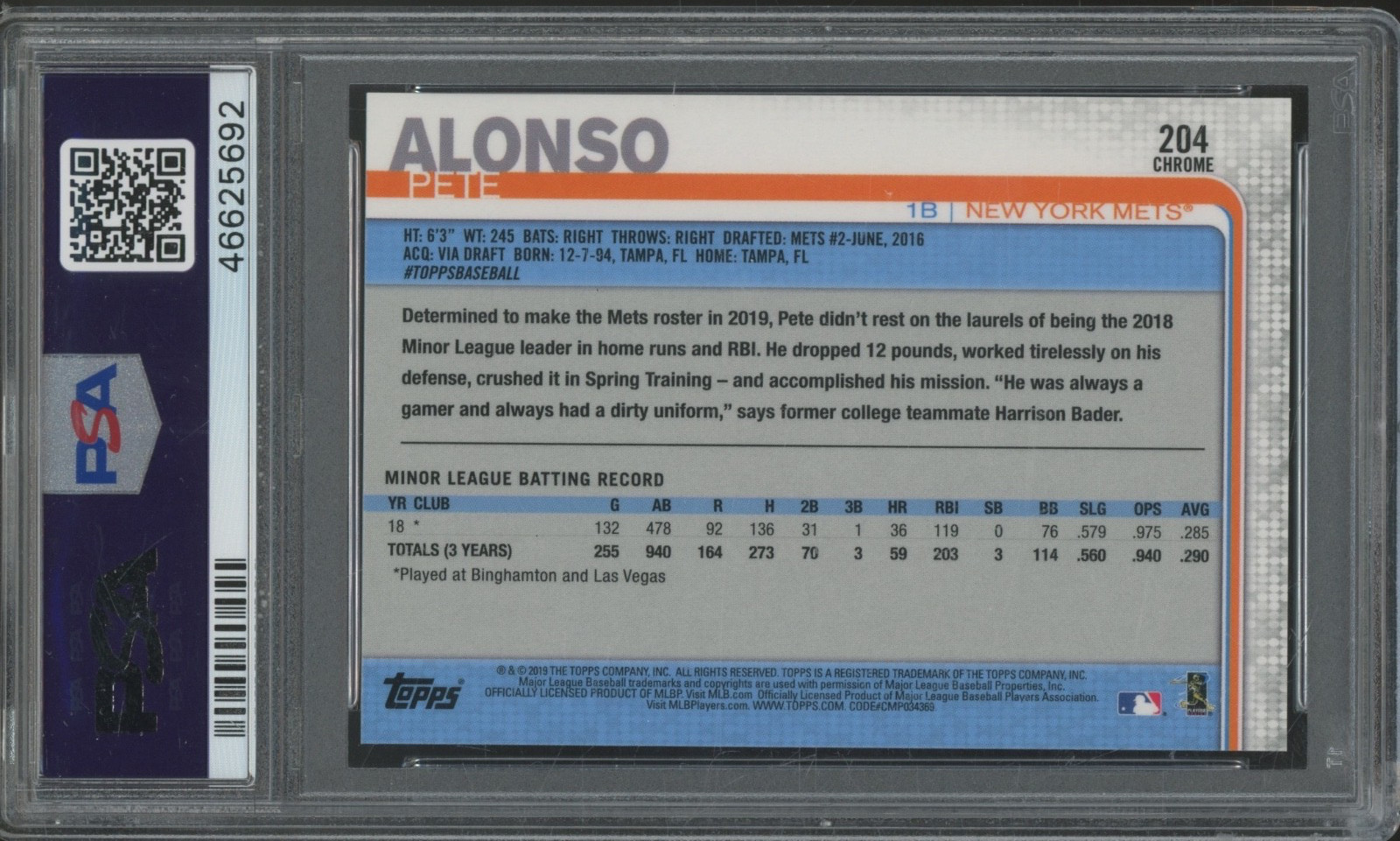 2019 Topps Chrome #204 Pete Alonso RC Rookie Gem Mint PSA 10 view 2