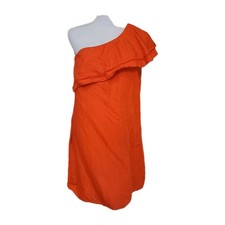 Tory Burch Orange One Shoulder Ruffle Linen Blend Dress Wmn's Size M Pockets