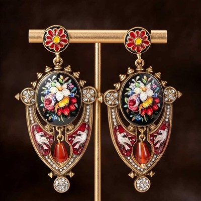 Vintage European Shield Drop Earrings Pearl Rhinestone Gold Victorian Amber Gift