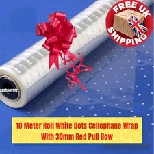 10 Meter Roll White Dots See Through Clear Cellophane Gift Wrap + 30mm Red Bow